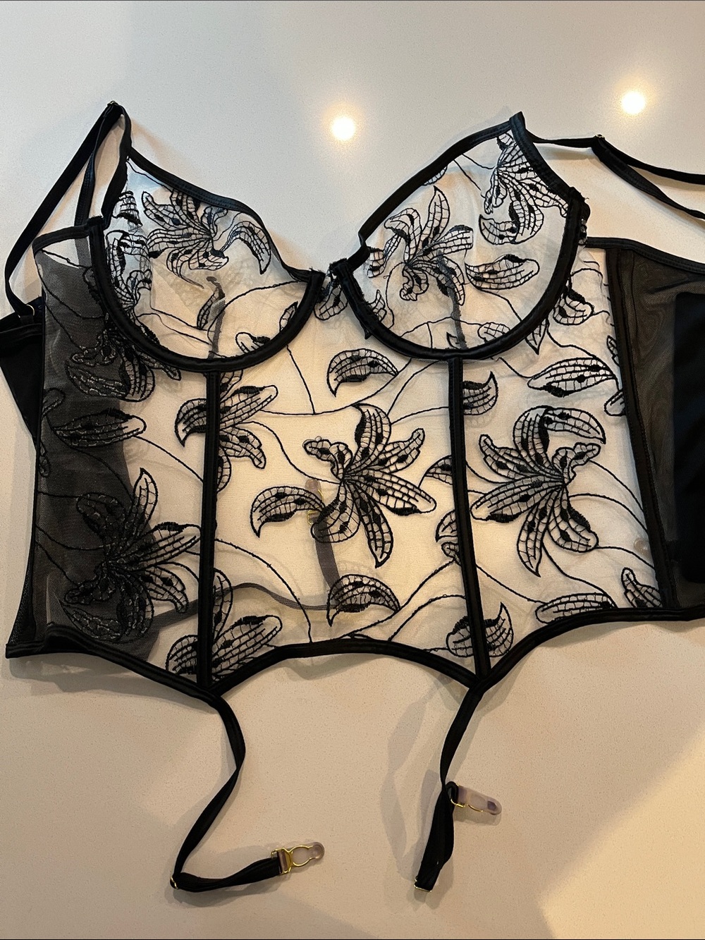 Frederick's of Hollywood Black Sheer Embroidered Bustier Corset